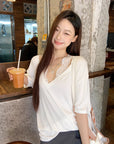 Straight-Shoulder Lace Faux Two-Piece Loose TEE