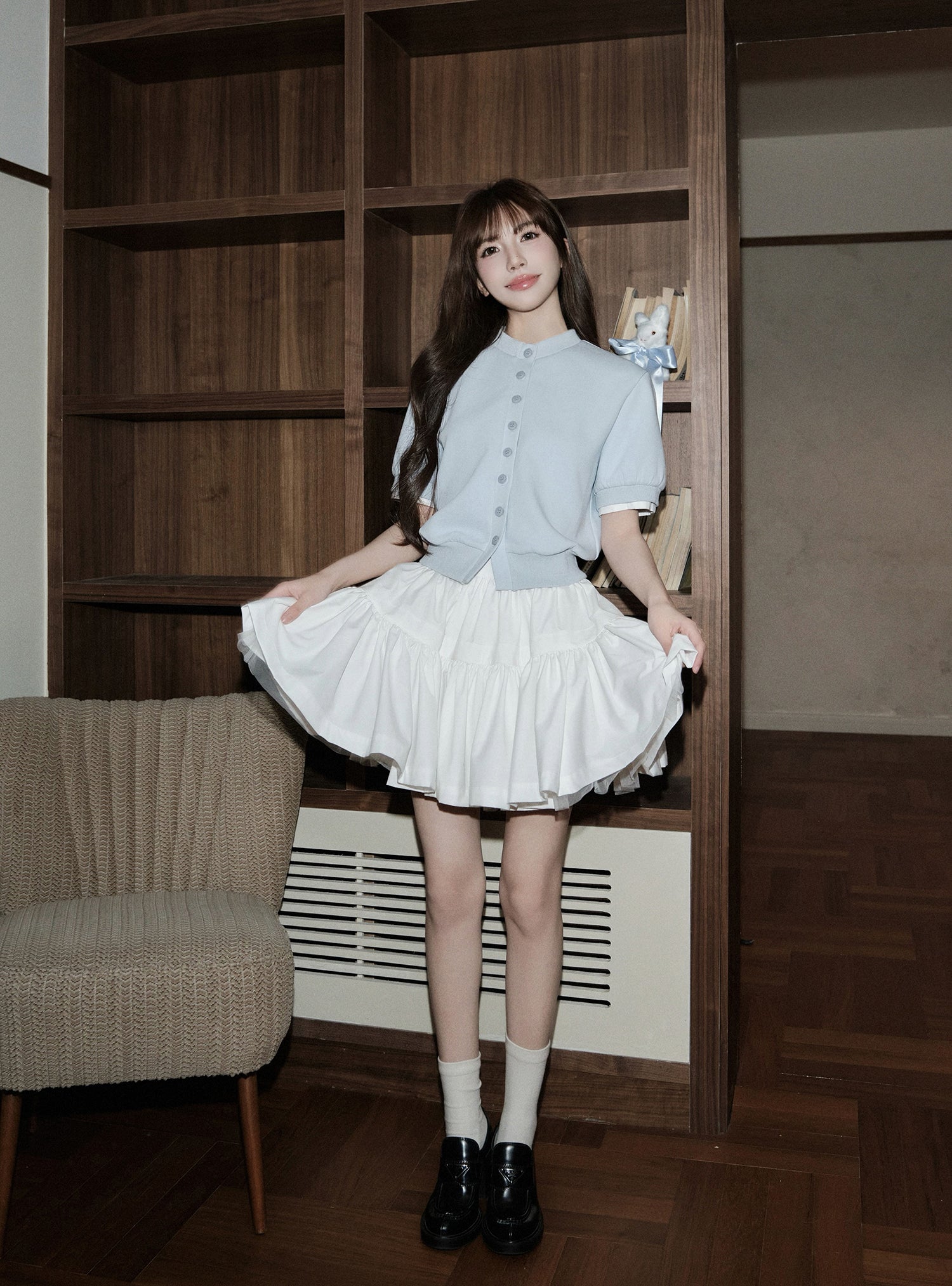 Slim-fit contrast knit top with faux layered design