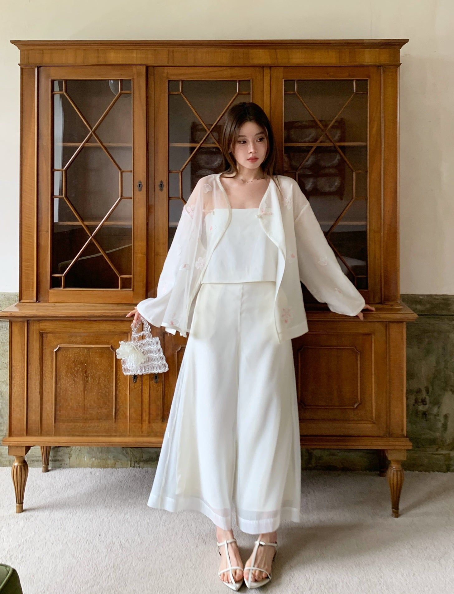 Vintage Chinese-Style Flowing Double-Layer Gauze Nine-Point Wide-Leg Culottes