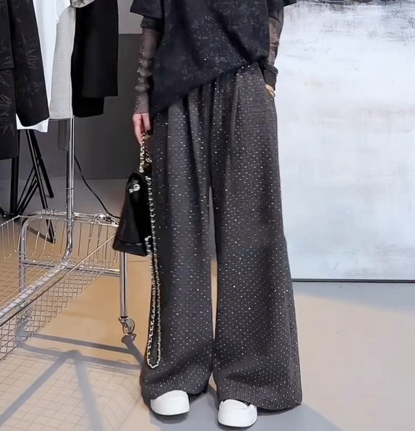 Starry Rhinestone Velvet Lined Wide-Leg Pants(Dark brown)