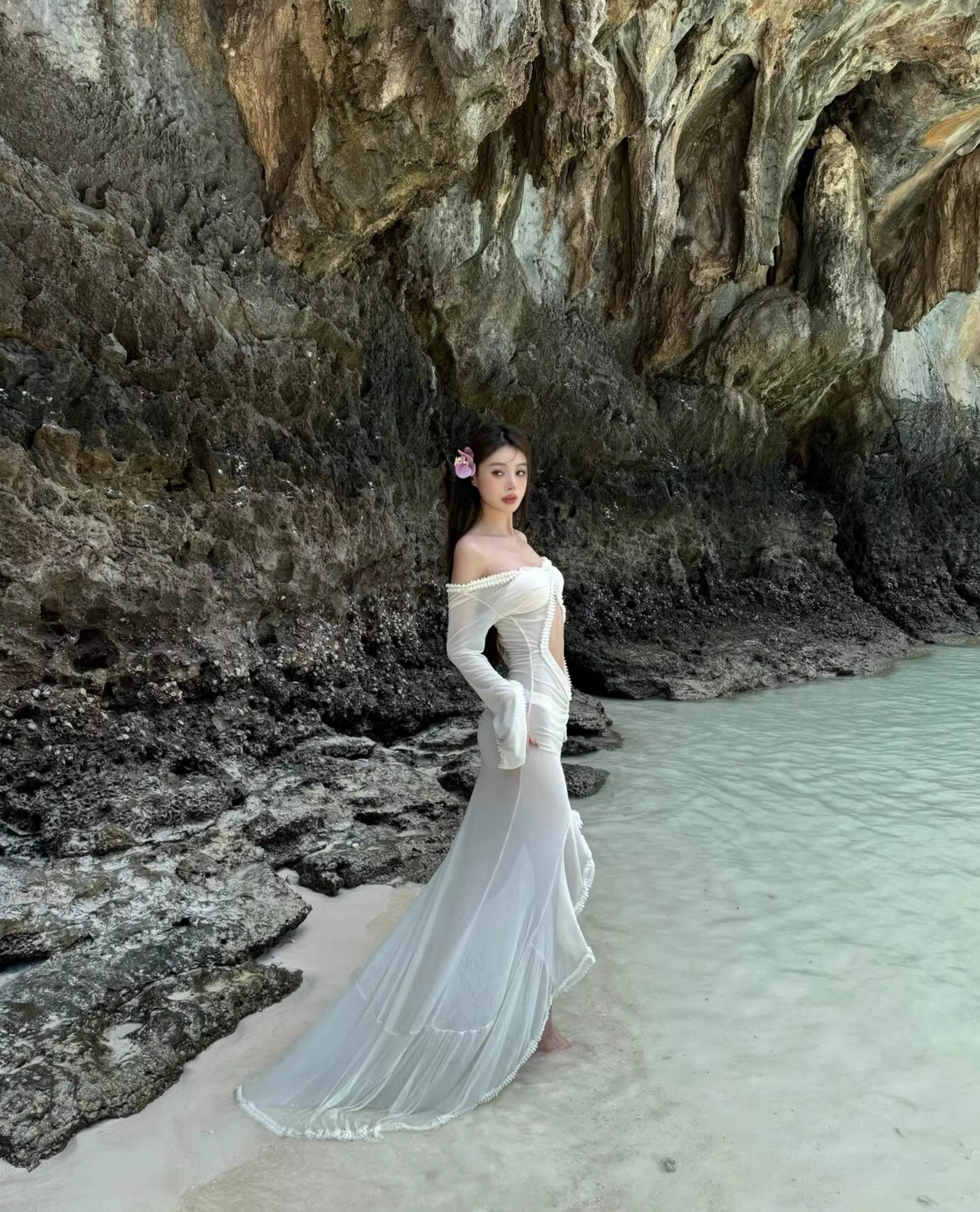 Vacation Bikini Cover-Up Off-Shoulder Floor-Length Kimono