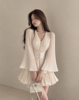 Apricot Pleated Flare-Sleeve Dress