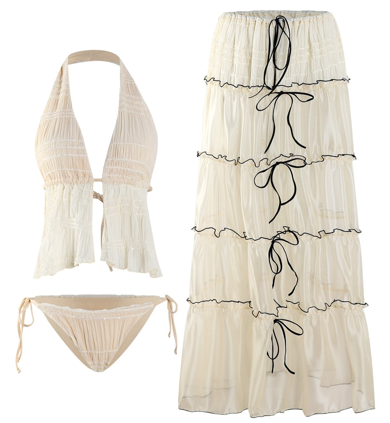 Glossy Sheer 3-Piece Swimsuit & Beach Skirt Set