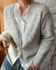 French-Style Sequin V-Neck Gray Knit Cardigan