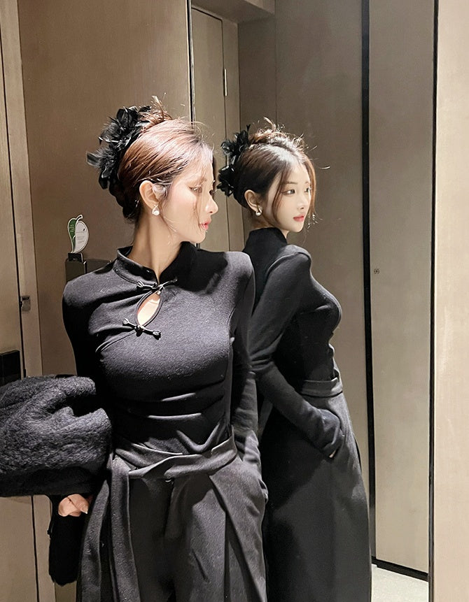 New Chinese Style Slim Fit Knit Top with Small Mandarin Collar