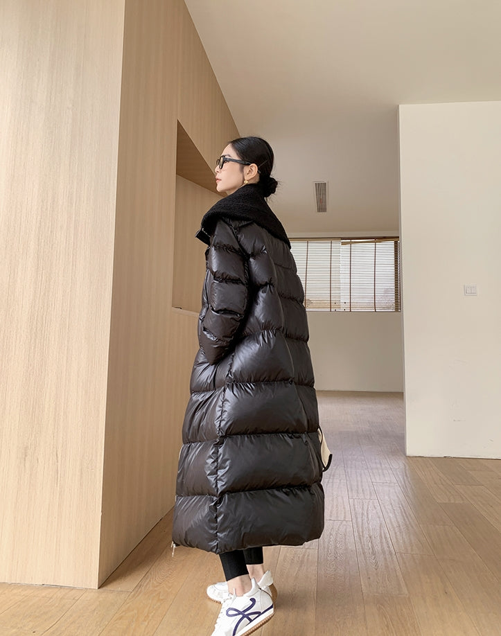 Glossy Oversized Collar Down Coat – Wash-Free Finish