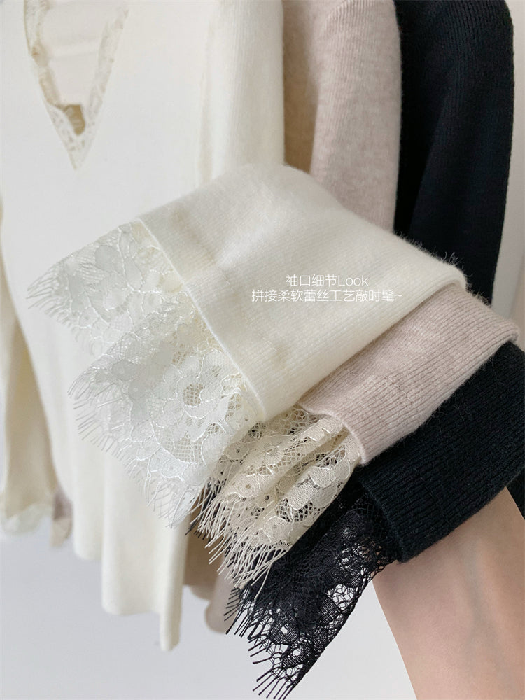 Korean-Style Lace V-Neck Knit Top