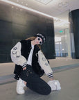 Kroheart Embroidered Print Faux Fur Thickened Baseball Jacket