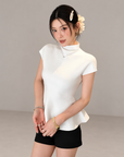 Jennie-inspired French semi-high neck ruffle hem knit top
