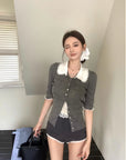 Doll Collar Slim-Fit Knit Cardigan with Mid Sleeves