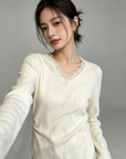 Korean-Style Lace V-Neck Knit Top (Copy)