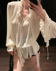 White Moonlight Ribbon Chiffon V-Neck Blouse