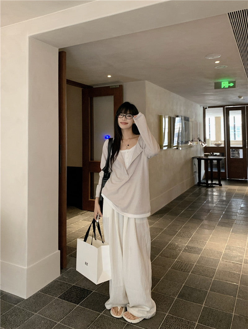 Snowflake Tencel Half-Placket Shirt + Wide-Leg Pants Set