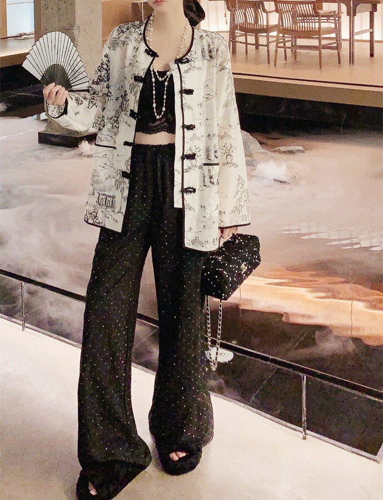 Starry Rhinestone Velvet Lined Wide-Leg Pants(Dark brown)