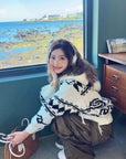 Korean OPEN YY Rose Jacquard Thick Knit Cardigan