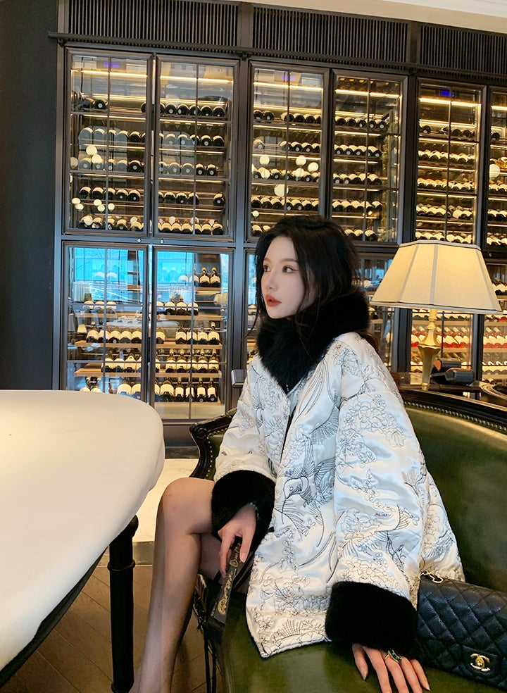 New Chinese Style Satin Embroidered Down Jacket (Without Fur Scarf)