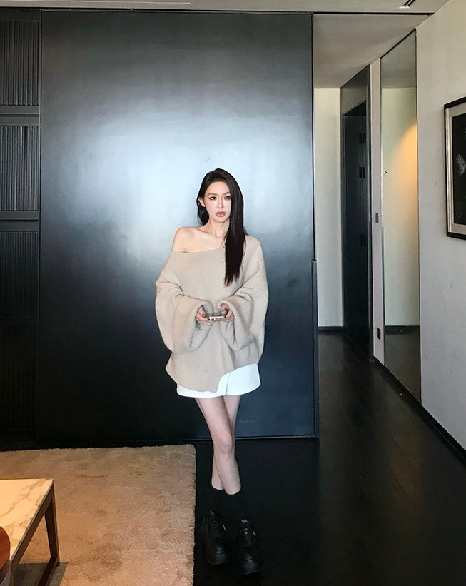 Asymmetrical Shoulder Chunky Knit Sweater