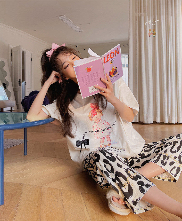 Leopard-Print Pajama Set With Sweet Bow