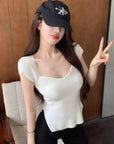 Petal Square Neck Vintage Knit Short Sleeve Top