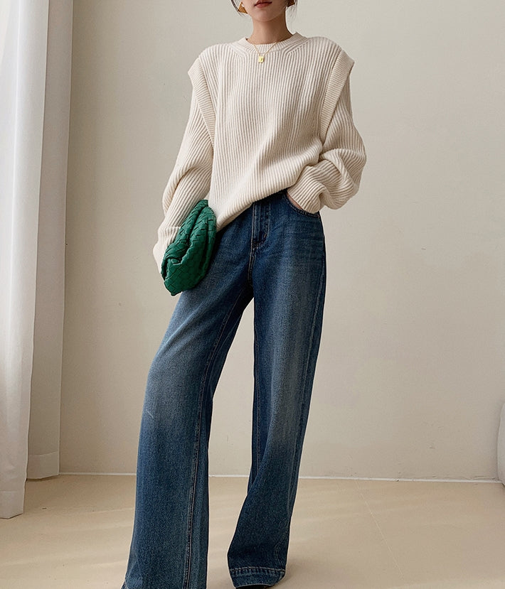 White Textured Knit Sweater with Layered Look