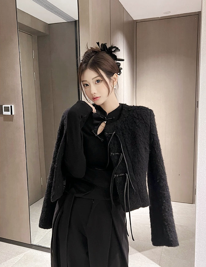 New Chinese Style Slim Fit Knit Top with Small Mandarin Collar