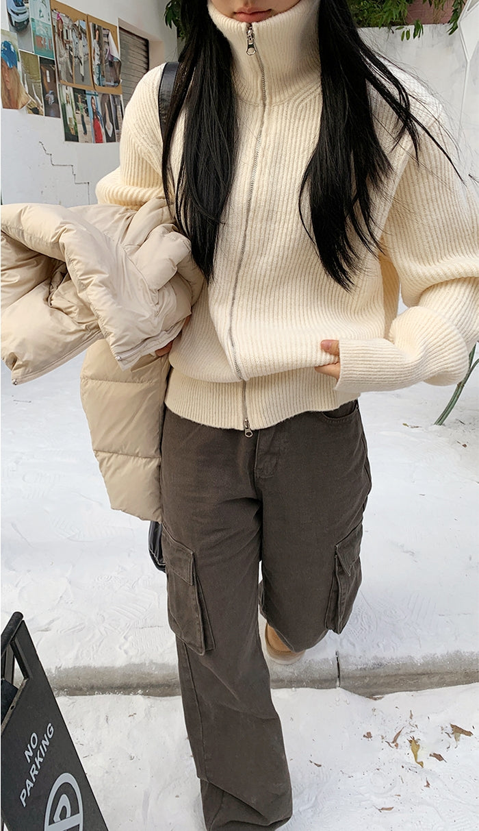 Double-Zip High Neck Thick Knit Cardigan