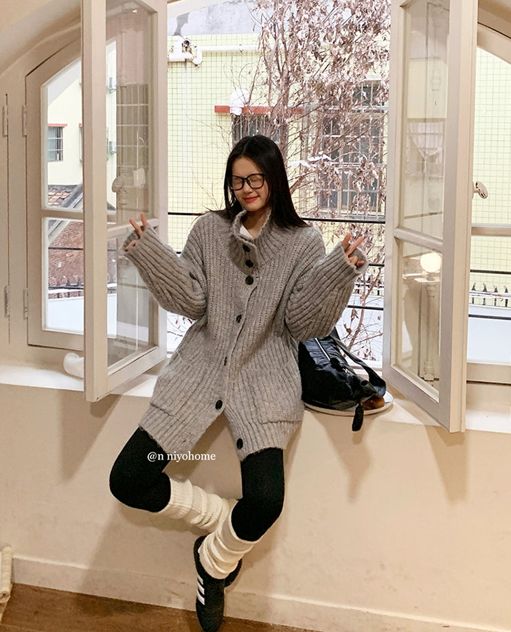 Korean-style wool knit cardigan with a relaxed, stylish design