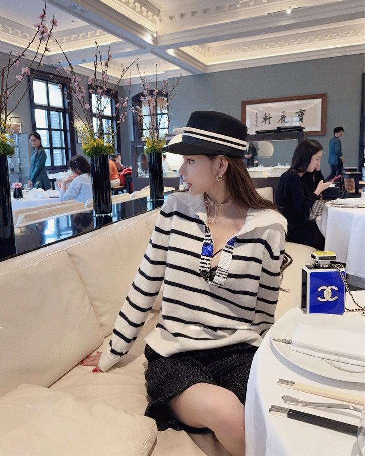 Sequin V-Neck Striped Lambswool Knit Top