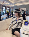 Sequin V-Neck Striped Lambswool Knit Top