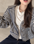 Korean-Inspired Blue Striped Hooded Zip-Up