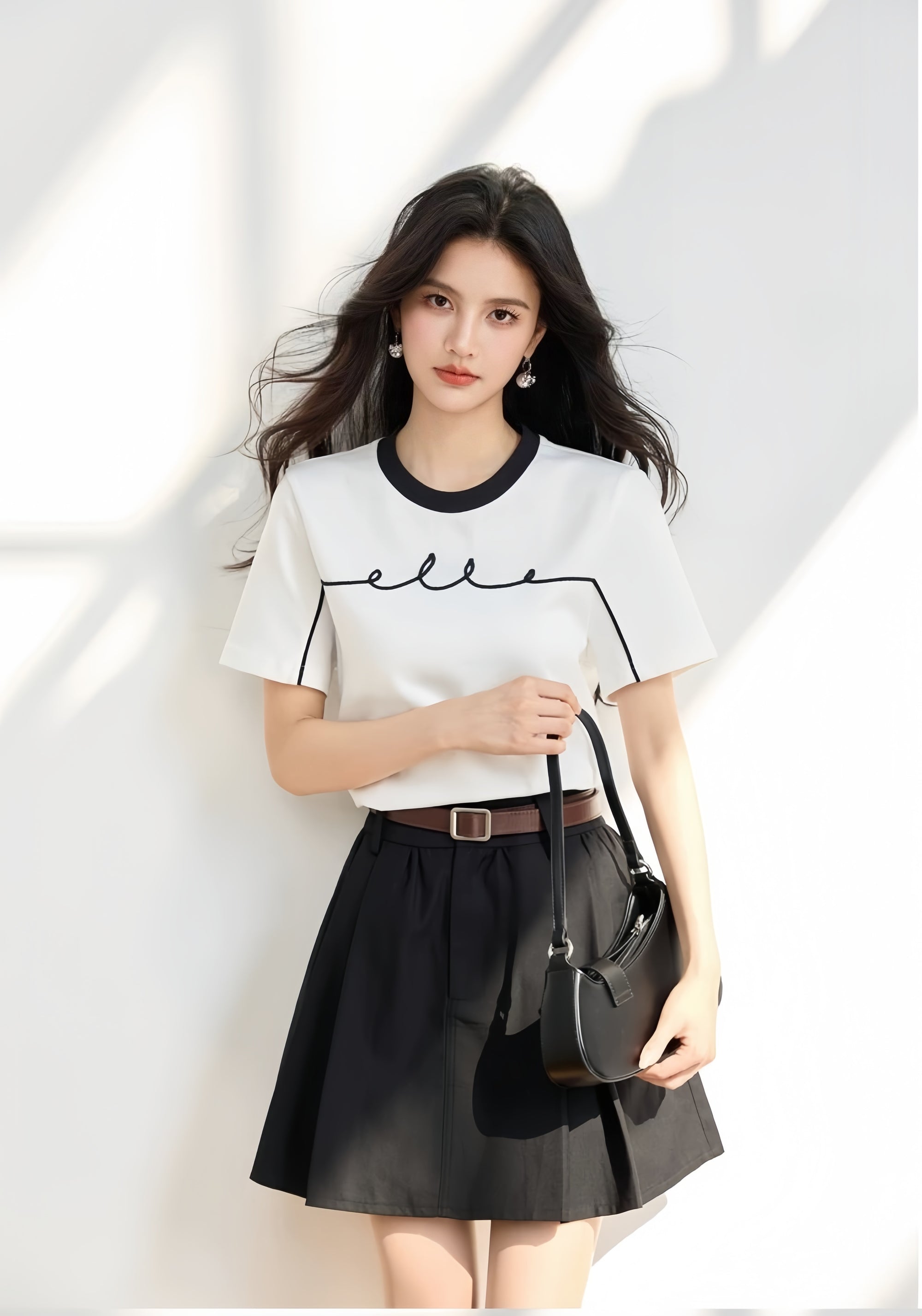 ELLE French-Style Crewneck Contrast Cotton Tee