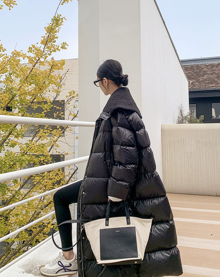 Glossy Oversized Collar Down Coat – Wash-Free Finish