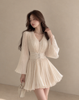 Apricot Pleated Flare-Sleeve Dress