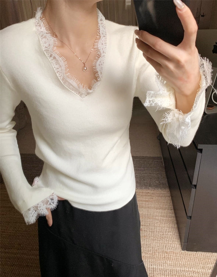 Korean-Style Lace V-Neck Knit Top