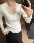 Korean-Style Lace V-Neck Knit Top