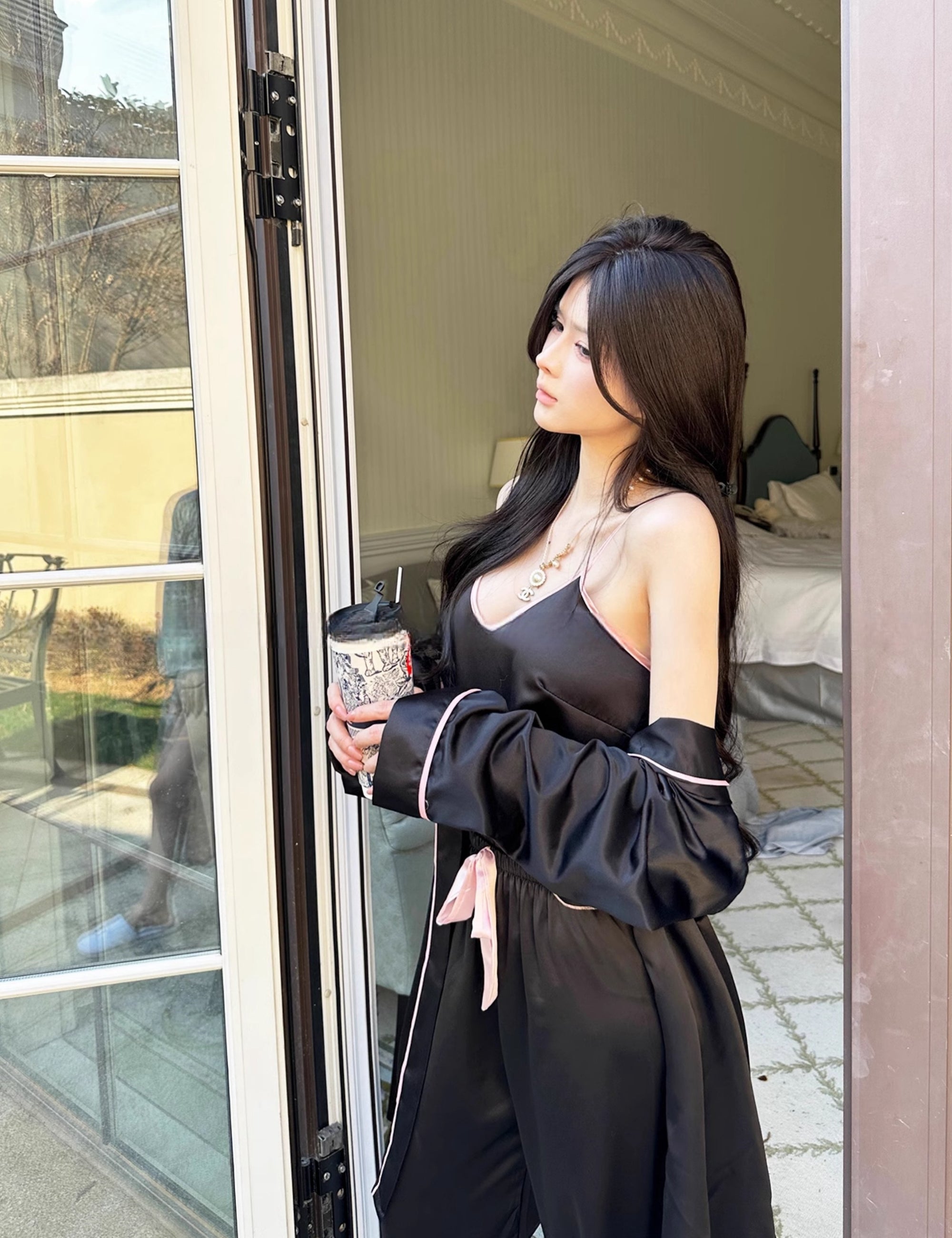 Korean Style Loose-Fit Strappy Jumpsuit with Outer Shawl Three-Piece Set