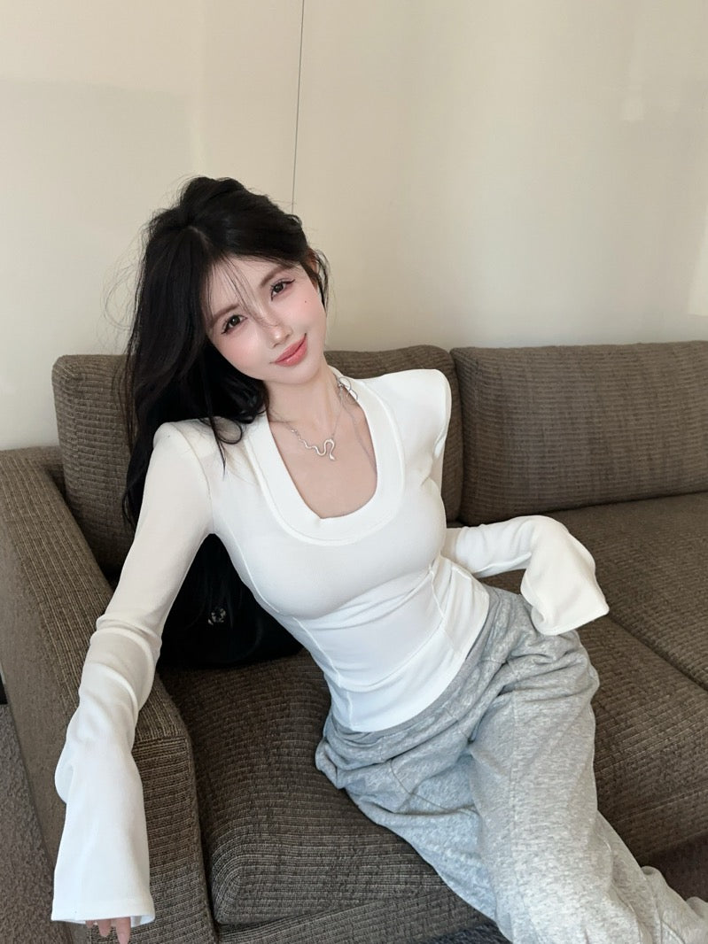 U-Neck Brushed Thickened Top with Padded Shoulders