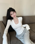 U-Neck Brushed Thickened Top with Padded Shoulders