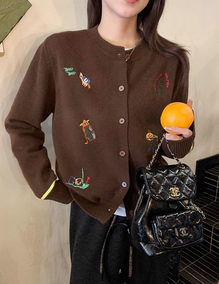 Rouje Kelly Embroidered Knit Cardigan in Maillard Tones