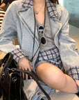 Elegant Tweed Patchwork Washed Denim Trench Coat