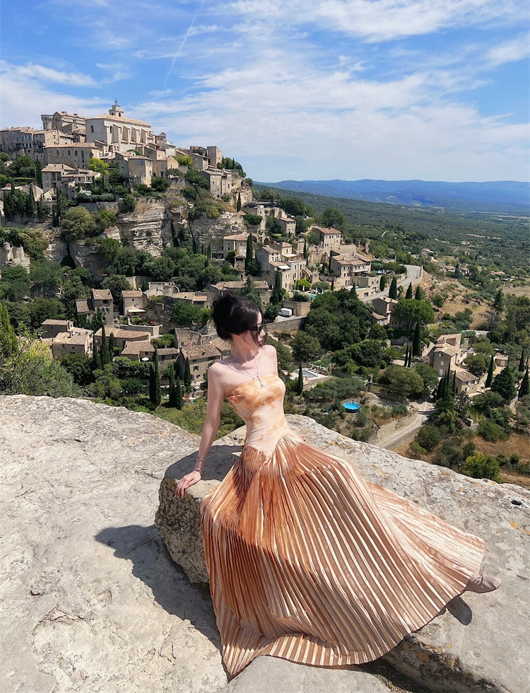 High-End Custom Ombre Print Pleated Strapless Maxi Dress