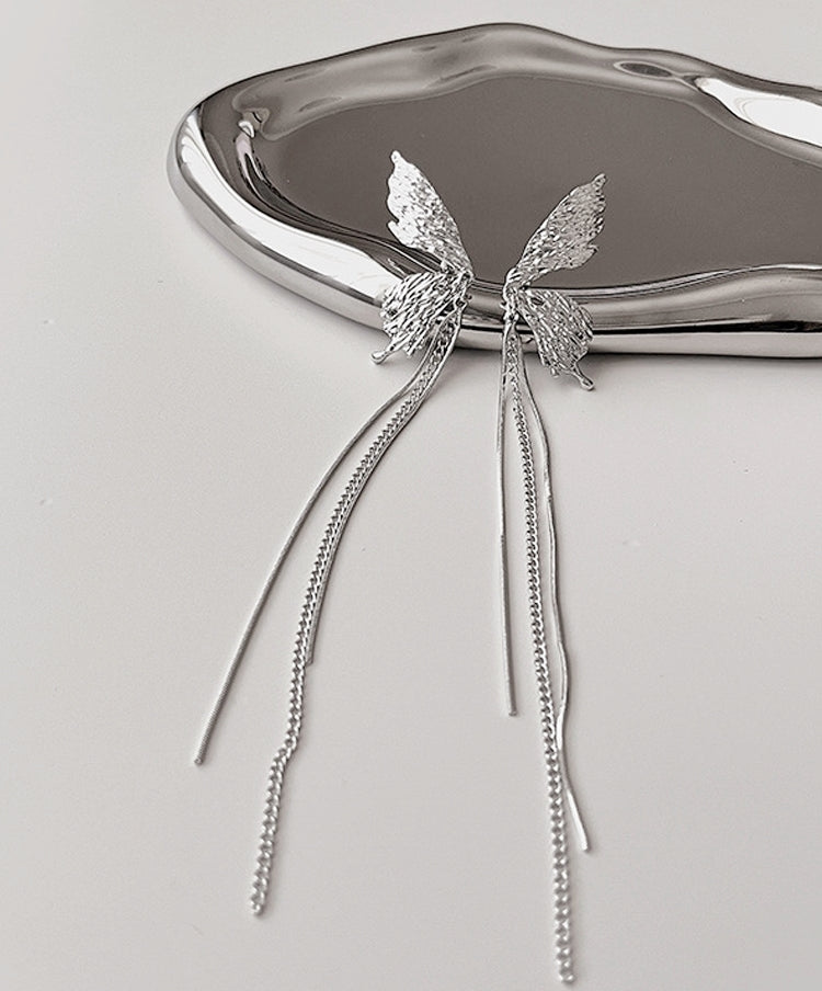 Korean 925 Silver Butterfly Wing Tassel Earrings