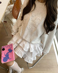 Korean-Style Relaxed Sweatshirt with Lace Bow Detail