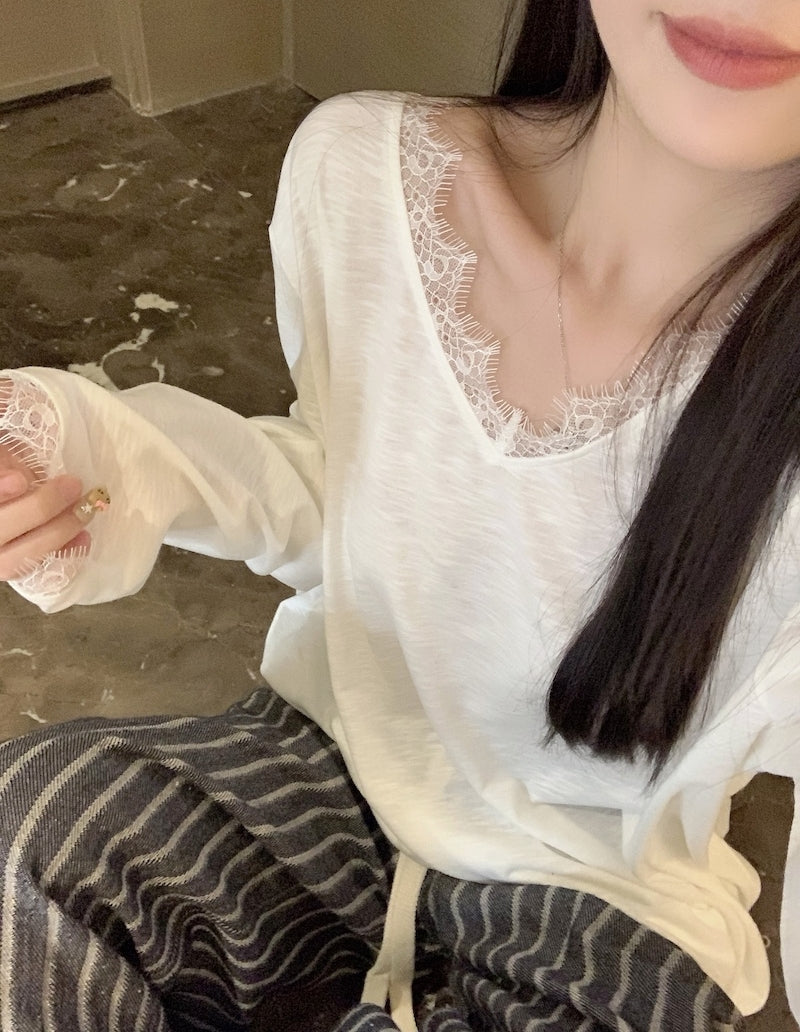 High-GSM cotton-feel V-neck tee with elegant lace trim.