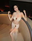 Luxury Gold Foil 3-Piece Swimsuit Set with Slit Skirt