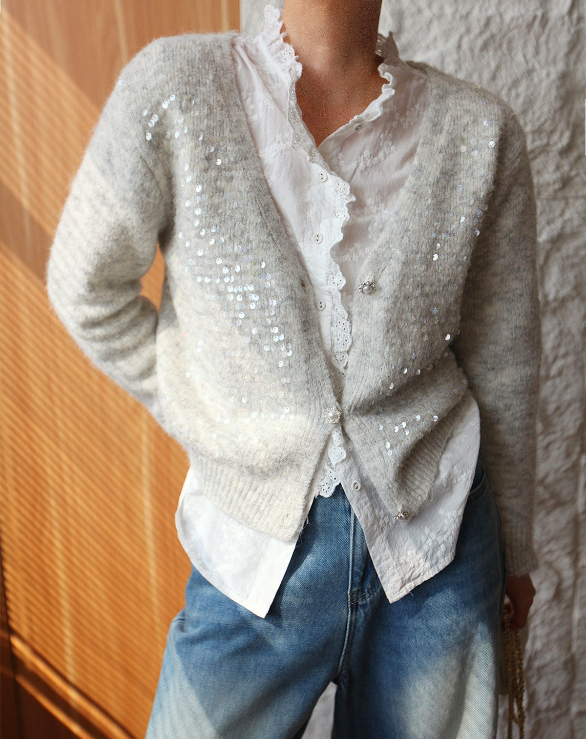 French-Style Sequin V-Neck Gray Knit Cardigan