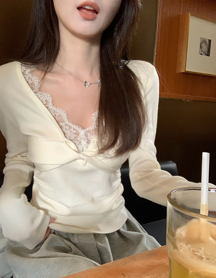 V-Neck Lace Spliced Pure Desire Knit Top