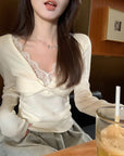 V-Neck Lace Spliced Pure Desire Knit Top
