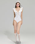 White Embroidered Deep V One-Piece Swimsuit