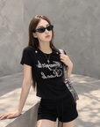 Black Structured Shoulder Beaded Cotton Tee